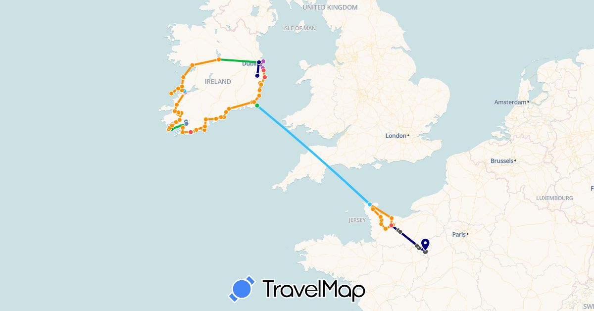 TravelMap itinerary: driving, bus, cycling, train, hiking, boat, hitchhiking, motorbike in France, Ireland (Europe)